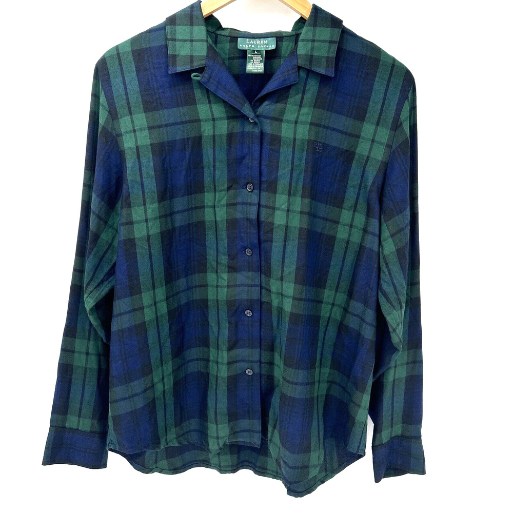Lauren Ralph Lauren Green and Navy Plaid Button-Up Blouse